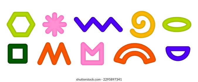 Set of bright simple graphic shapes. Expressive and dynamic shapes 3d in the style of the aesthetics of the 90s. Fashion graphic elements Memphis. Vector illustration.