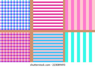 A set of bright simple seamless striped and chequered patterns of blue and pink.