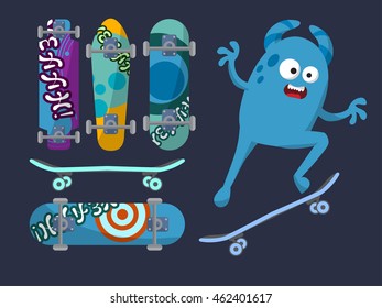 Set of bright skateboard on a dark background with a cheerful blue monster. Vector illustration