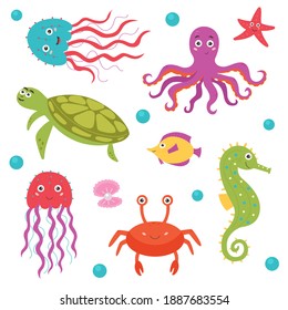 Set of bright smiling sea creatures. Bundle Sea and ocean animal creature aqua fauna. Vector flat isolated illustration