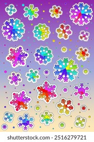 A set of bright snowflakes in the style of stained glass, stickers isolated on a white background
