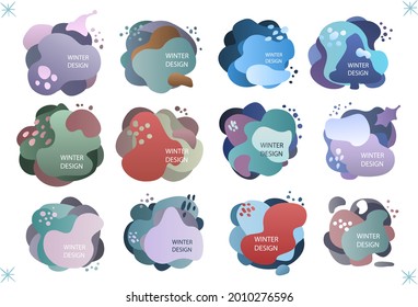 set of bright soft pastel colored banners with organic liquid  wavy shapes and winter christmas decorative elements, isolated vector illustration graphics