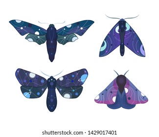 Set of bright space moths of different types on white background. Colorful vector illustration.
