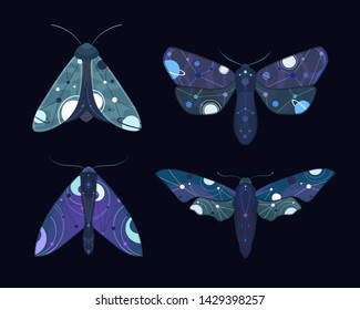 Set of bright space moths of different types on dark background. Colorful vector illustration.