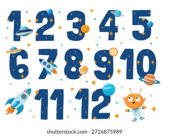 Un conjunto de números de espacio brillante del 1 al 12. Meses para los recién nacidos. El primer año. Aventuras en el espacio 