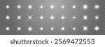 Set of bright, sparkling star effects on a transparent background. Star effects vary in size and intensity. Perfect for adding sparkle and shine to designs. Overlay effect vector element set.