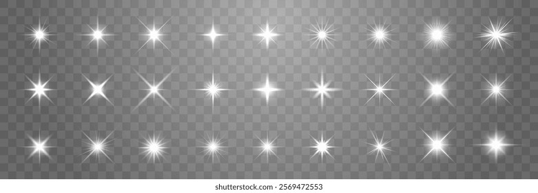 Set of bright, sparkling star effects on a transparent background. Star effects vary in size and intensity. Perfect for adding sparkle and shine to designs. Overlay effect vector element set.