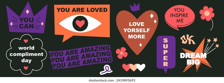 A set of bright speech bubbles with compliment phrases, self love quotes. Cartoon icons. Banner, poster, sticker concept. Modern elements for design. Vector illustration on black. Groovy style