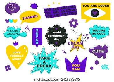 A set of bright speech bubbles with compliment phrases, self love quotes. Cartoon icons. Banner, poster, sticker concept. Modern elements for design. Vector illustration on white. Groovy style