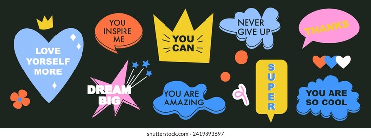 A set of bright speech bubbles with compliment phrases, self love quotes. Cartoon icons. Banner, poster, sticker concept. Modern elements for design. Vector illustration on black. Groovy style