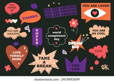 A set of bright speech bubbles with compliment phrases, self love quotes. Cartoon icons. Banner, poster, sticker concept. Modern elements for design. Vector illustration on black. Groovy style