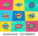 Set of bright speech bubbles on different halftone  backgrounds. Best. Zzz. Xo xo. What? Boom. Hmm. Smash. Om nom nom.  LOL. Vector illustration in pop art style