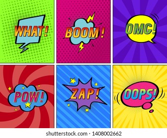 Set of bright speech bubbles on different halftone  backgrounds. OMG! Oops!  What! Boom. Pow! Zap!  Vector illustration in pop art style