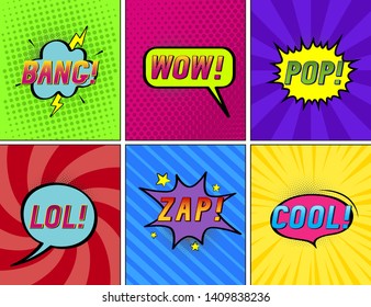 Set of bright speech bubbles on different halftone  backgrounds. Wow! Bang!  Pop! Cool. Lol! Zap!  Vector illustration in pop art style