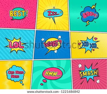 Set of bright speech bubbles on different halftone  backgrounds. Best. Zzz. Xo xo. What? Boom. Hmm. Smash. Om nom nom.  LOL. Vector illustration in pop art style