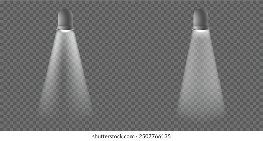 Conjunto de focos brillantes, fuentes de luz aisladas. Iluminación brillante con focos sobre un fondo transparente.