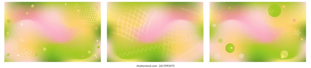 Set of bright spring backgrounds with abstract elements copy space. Vector editable gradients funny-grid. Horizontal motion blurred backgrounds. Bright green, yellow and pink colors