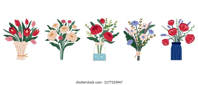 Set of bright spring blooming flowers in vases and bottles isolated on a white background. Flower bouquet. Cartoon flat vector illustration