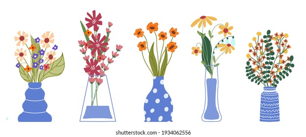 Set of bright spring flowers in vases and bottles isolated on a white background. Cartoon flat vector illustration.