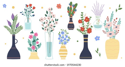 Set of bright spring flowers in vases and bottles isolated on a white background. Cartoon flat vector illustration.