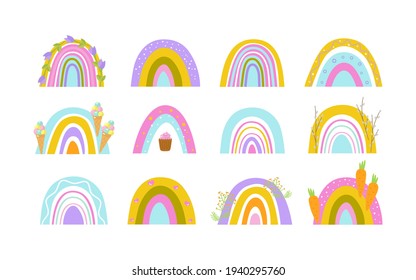 Conjunto de arcos primaverales brillantes adornados con flores, zanahorias, helado y pasteles. Diseño para niños, postales, impresión en papel o tela. Ilustración vectorial aislada en un fondo blanco.
