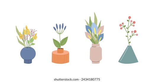 Set of bright spring and summer blooming flowers in vases and bottles isolated on a white background. Cartoon flat vector illustration.