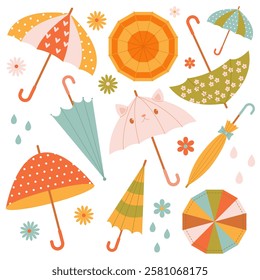 a set of bright spring umbrellas on a white background with flowers