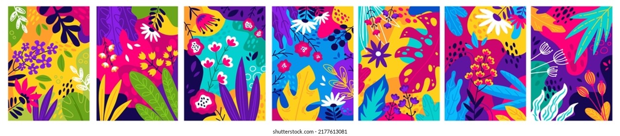 Set of bright spring wallpapers. Beautiful colorful posters with flowers, leaves, exotic plants and contours. Designs for printing. Cartoon flat vector collection isolated on white background