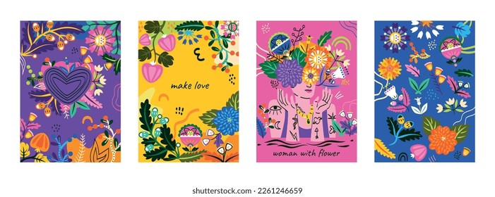 Papel de pared de primavera brillante. Afiches orgánicos con flores, corazón, retrato de chicas y plantas florecientes. Diseñar elementos para la postal. Colección vectorial plana de dibujos animados aislada en fondo blanco