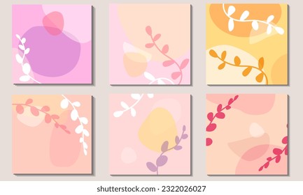 Un conjunto cuadrado de colores vivos en tonos rosa, amarillo y lila. Ramas de eucalipto. Formas abstractas aleatorias. Ilustraciones modernas.