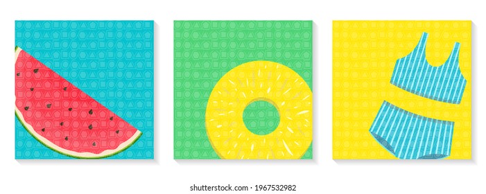 Set of bright square banners. Hello summer. Watermelon, pineapple and swimsuit. Template for post and advertising on social networks. Vector illustration.