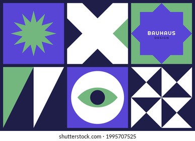 Conjunto de tarjetas cuadradas brillantes con elementos geométricos abstractos. Colección de fondo de Trendy Bauhaus. Diseño de vectores.