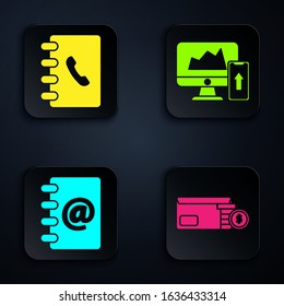 Set Bright stadium lights, Address book, Address book and Financial chart or graph on the computer monitor and mobile phone. Black square button. Vector