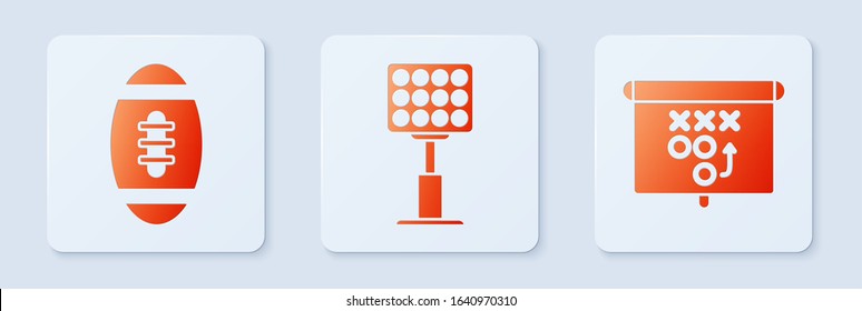Set Bright stadium lights, American Football ball and Planning strategy concept. White square button. Vector
