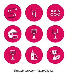Set Bright stadium Light, Award cup football, gol post, Sport mecánico scoreboard display, casco, Planificación de estrategia concepto e ícono. Vector