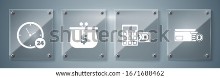 Set Bright stadium lights, Calculator with dollar symbol, Wallet with dollar symbol and Clock 24 hours. Square glass panels. Vector