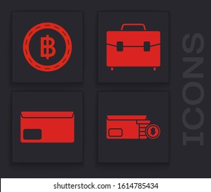 Set Bright stadium lights, Cryptocurrency coin Bitcoin, Briefcase and Envelope icon. Vector