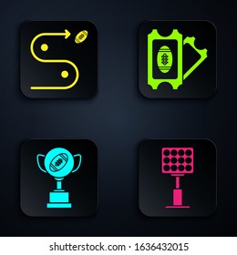 Set Bright stadium lights, Planning strategy concept, Award cup and American football ball and American Football ticket. Black square button. Vector