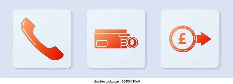 Set Bright stadium lights, Telephone handset and Coin money with pound sterling symbol. White square button. Vector