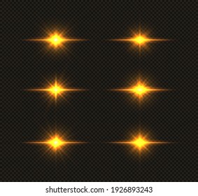Set von hellem Stern. Goldenes Licht explodiert auf transparentem Hintergrund.