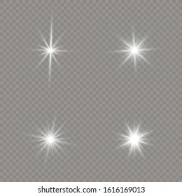 Set of bright Star. White glowing light explodes on a transparent background. Transparent shining sun, bright flash. Sparkling magical dust particles. 