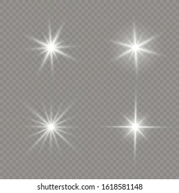 Set of bright Star. White glowing light explodes on a transparent background. Transparent shining sun, bright flash. Sparkling magical dust particles. 