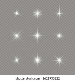Set of bright Star. White glowing light explodes on a transparent background. Transparent shining sun, bright flash. Sparkling magical dust particles. 
