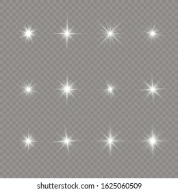 Set of bright Star. White glowing light explodes on a transparent background. Transparent shining sun, bright flash. Sparkling magical dust particles. 