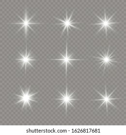 Set of bright Star. White glowing light explodes on a transparent background. Transparent shining sun, bright flash. Sparkling magical dust particles. 