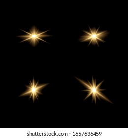 Set of bright Star. Yellow glowing light explodes on a transparent background. Transparent shining sun, bright flash. To center a bright flash. Sparkling magical dust particles. Vector sparkles.