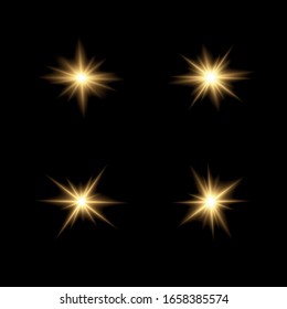 Set of bright Star. Yellow glowing light explodes on a transparent background. Transparent shining sun, bright flash. To center a bright flash. Sparkling magical dust particles. Vector sparkles.
