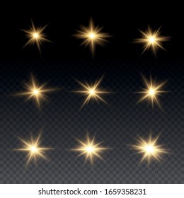 Set of bright Star. Yellow glowing light explodes on a transparent background. Transparent shining sun, bright flash. To center a bright flash. Sparkling magical dust particles. Vector sparkles.