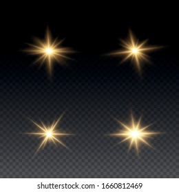 Set of bright Star. Yellow glowing light explodes on a transparent background. Transparent shining sun, bright flash. To center a bright flash. Sparkling magical dust particles. Vector sparkles.