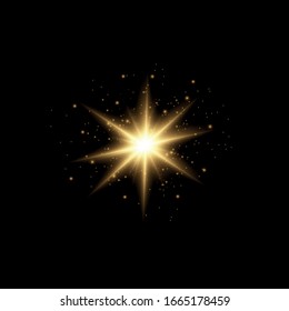 Set of bright Star. Yellow glowing light explodes on a transparent background. Transparent shining sun, bright flash. To center a bright flash. Sparkling magical dust particles. Vector sparkles.